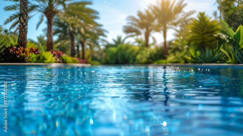 Close-up of a tropical swimming pool with palm trees and sunlight