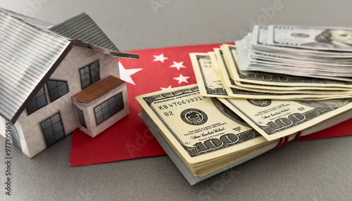 Chinese flag, banknote and house model