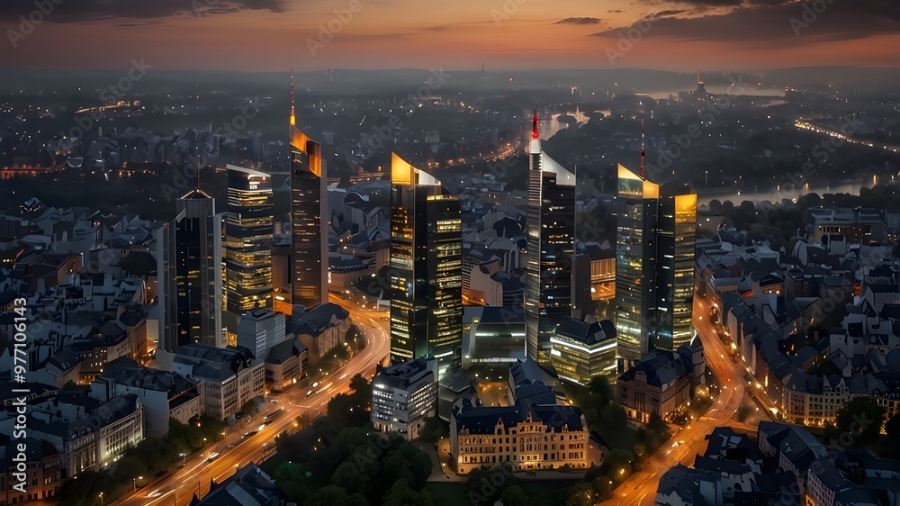 Fototapeta premium Aerial panoramic view of Frankfurt, Germany captured at dusk