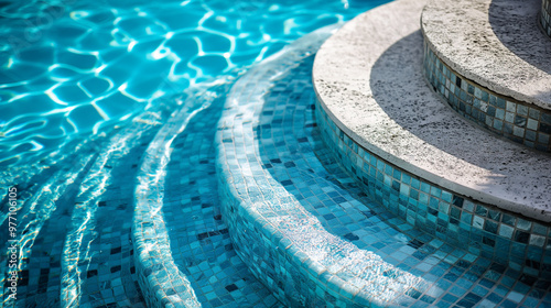 Sunlit pool steps descending into clear turquoise water with gentle reflections photo