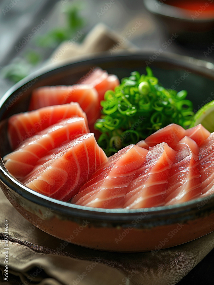 Sashimi Akami light background, Seared lean tuna, Japanese sashimi close up Sashimi Akami light background, Seared lean tuna, Japanese sashimi close up