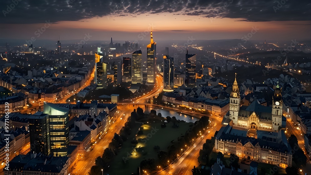 Obraz premium Aerial panoramic view of Frankfurt, Germany captured at dusk