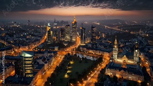 Aerial panoramic view of Frankfurt, Germany captured at dusk