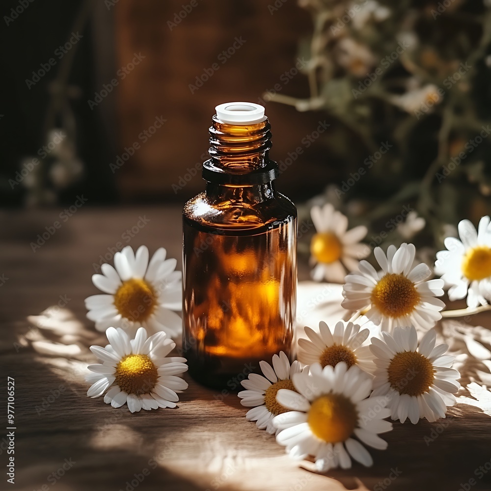 Chamomile Essential Oil Bottle with Flowers on Wooden Background. Chamomile Essential Oil Bottle with Flowers on Wooden Background.