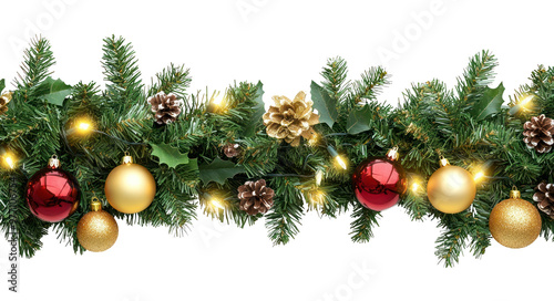 Seamless decorative christmas border with coniferous branches and garlands of christmas lights and ornaments cosmetics festival perfume.
