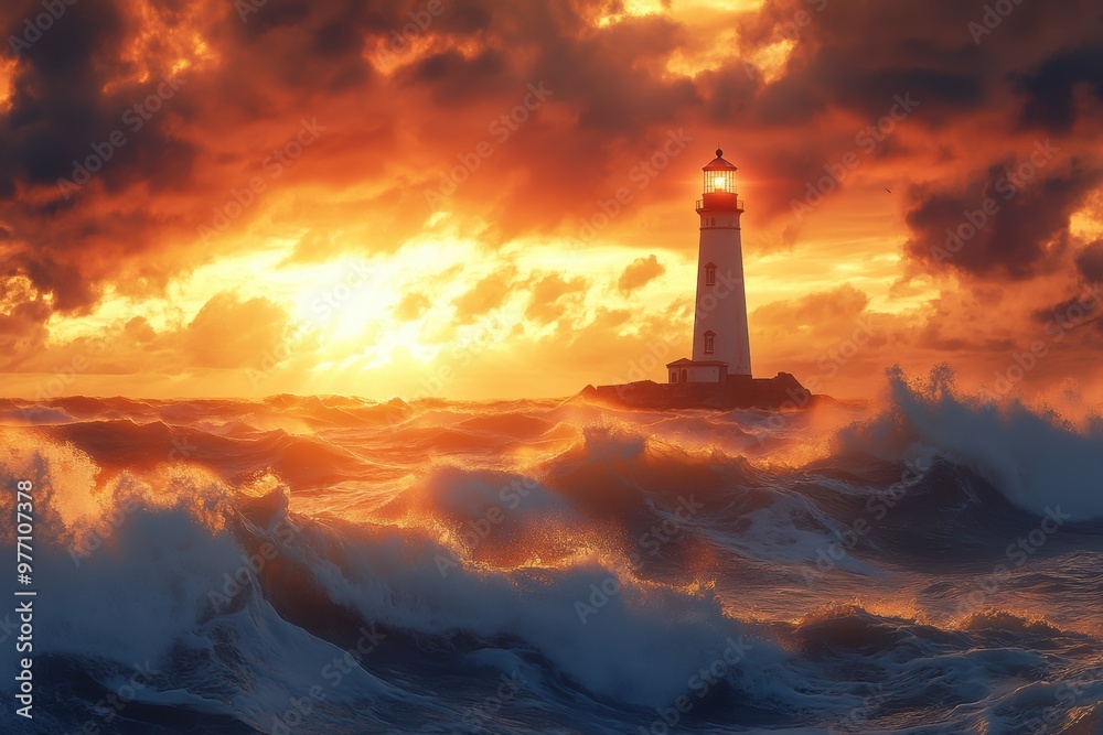 A stunning lighthouse stands against a dramatic sunset, with waves crashing around it and vivid colors illuminating the sky. A stunning lighthouse stands against a dramatic sunset, with waves crashing around it and vivid colors illuminating the sky.