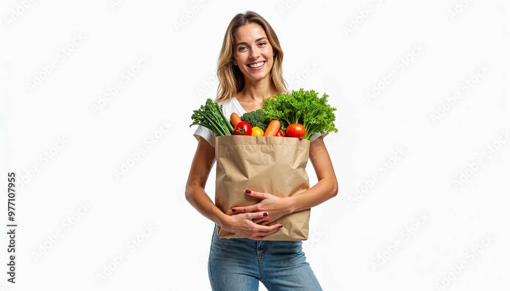 Portrait of a woman holding a reusable bag of fresh vegetables, promoting health and sustainability.
Portrait of a woman holding a reusable bag of fresh vegetables, promoting health and sustainability.