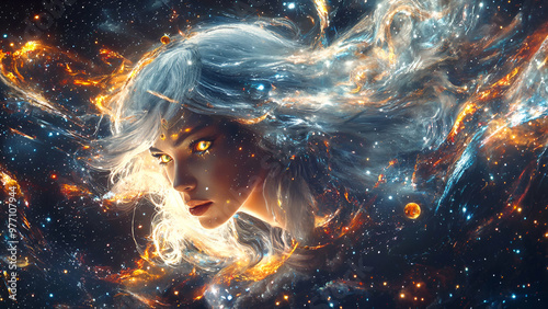 Celestial Awakening, The Cosmic Being, A mystical figure channels the universe's energy, with radiant light emanating from their core, symbolizing the unity of human consciousness and the cosmos.