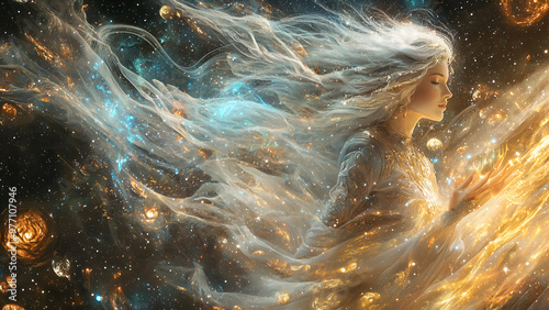 Celestial Awakening, The Cosmic Being, A mystical figure channels the universe's energy, with radiant light emanating from their core, symbolizing the unity of human consciousness and the cosmos.