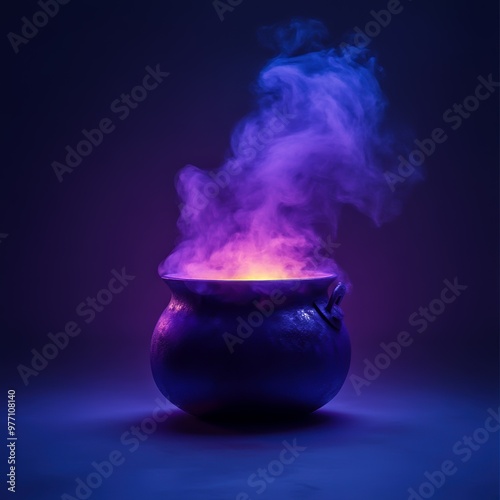 A mystical cauldron emits swirling purple and blue smoke against a dark backdrop, creating an enchanting and mysterious atmosphere