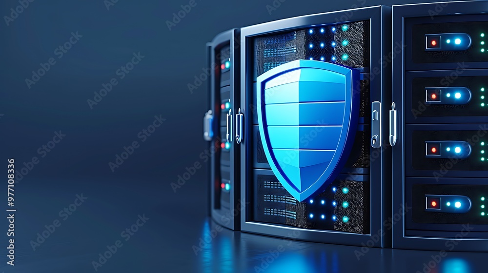 3D illustration of a secure data server with a shield symbol, representing data protection and cybersecurity technology. 3D illustration of a secure data server with a shield symbol, representing data protection and cybersecurity technology.
