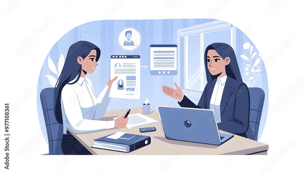 Illustration of two people having a video meeting, with one holding out their hand and the other presenting some documents on the screen Stock Illustration of two people having a video meeting, with one holding out their hand and the other presenting some documents on the screen Stock