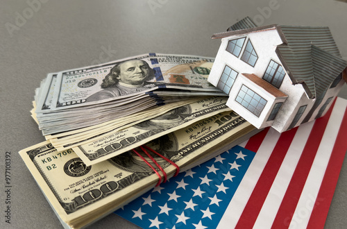 Dollar banknotes and USA national flag. paper house