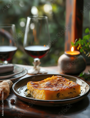 Flatlay of Tortilla Espanola in a Luxurious Restaurant, Spanish Omelette on Ceramic Plate