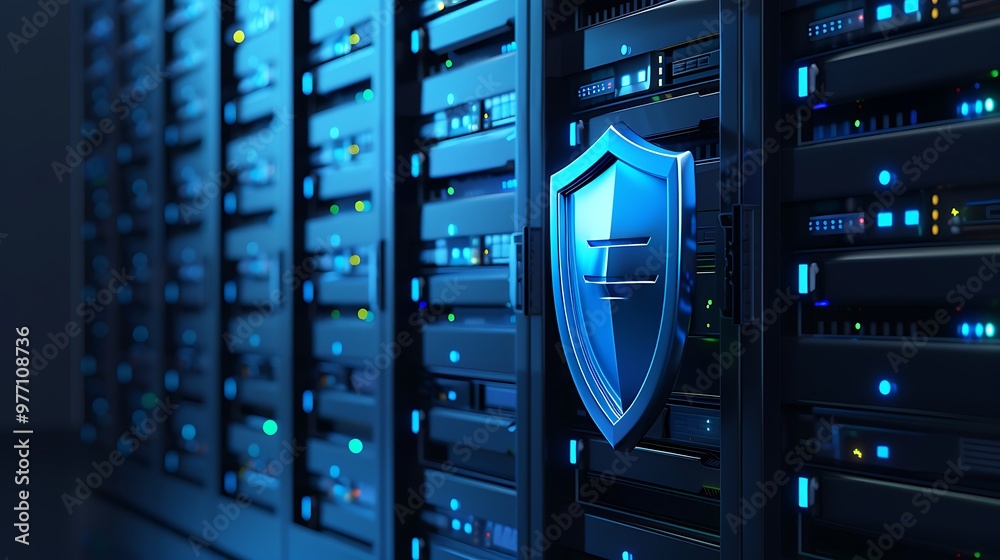 A close-up of a server rack with a shield symbol, representing cybersecurity and data protection in a modern data center. A close-up of a server rack with a shield symbol, representing cybersecurity and data protection in a modern data center.