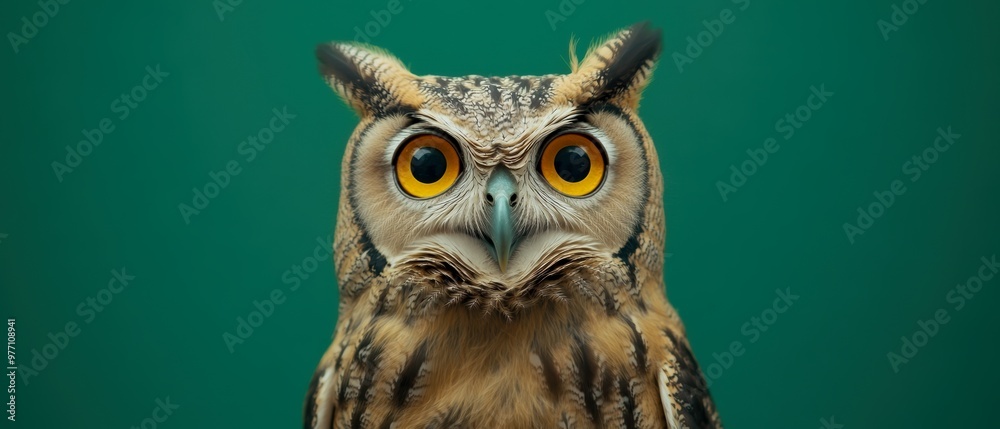 Fototapeta premium A striking owl with large yellow eyes and intricate feather patterns, set against a vibrant green background, showcasing its keen gaze and majestic presence