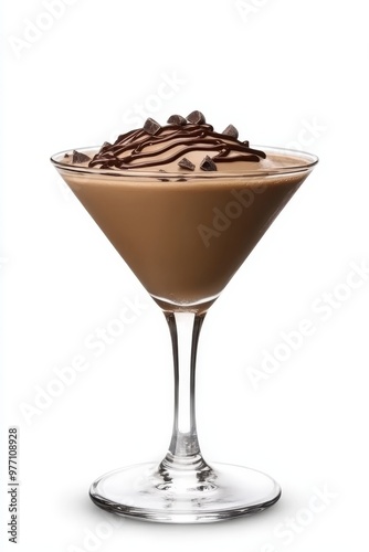 Chocolate Martini Cocktail Decorated with Chocolate Sauce and Chocolate Chips, Isolated on White.