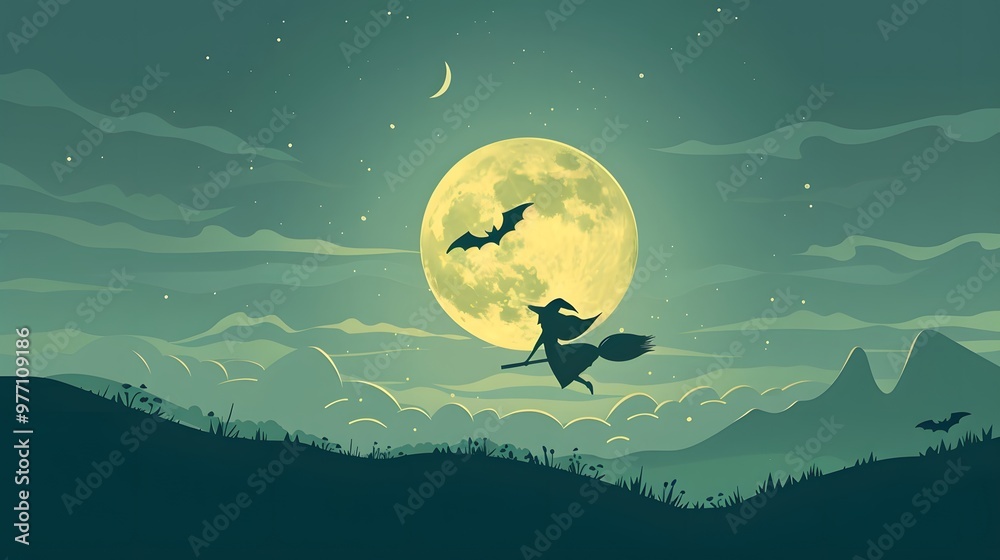 A whimsical witch flying on a broomstick under a full moon, surrounded by bats and a serene night landscape. A whimsical witch flying on a broomstick under a full moon, surrounded by bats and a serene night landscape.