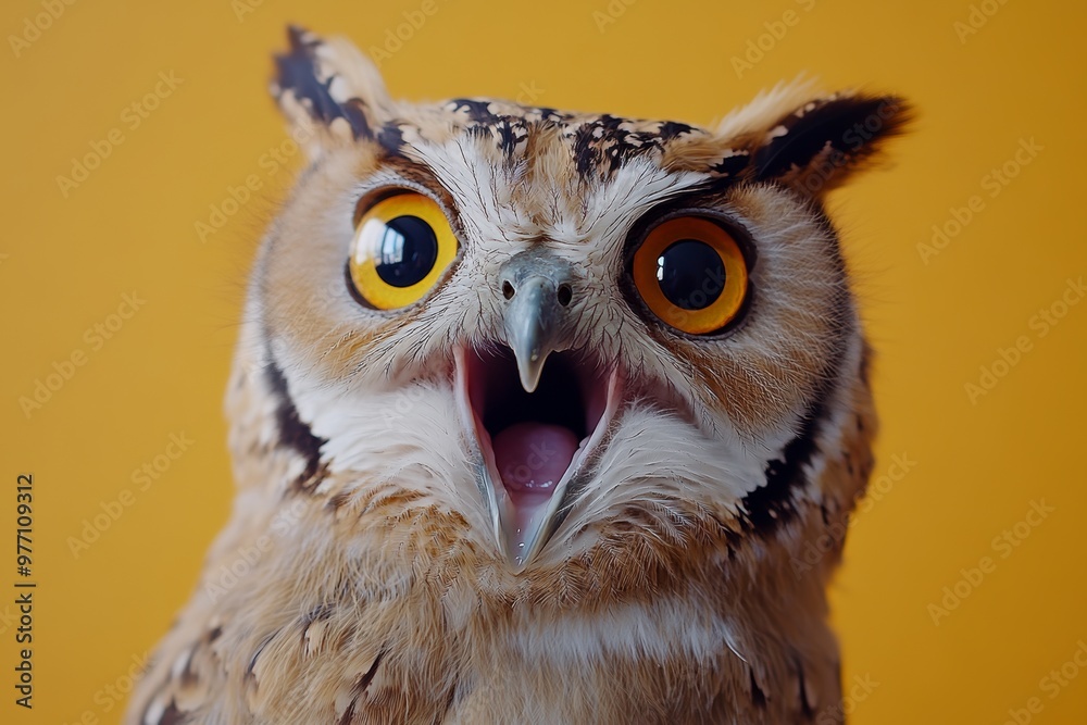 Obraz premium A close-up of an expressive owl with vibrant yellow eyes and open mouth, set against a bright yellow background