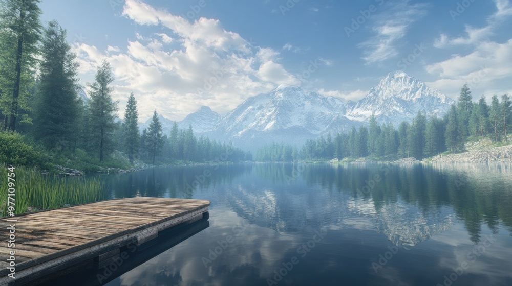 A peaceful mountain lake reflecting the surrounding forest and snow-capped peaks, with a small wooden dock. A peaceful mountain lake reflecting the surrounding forest and snow-capped peaks, with a small wooden dock.
