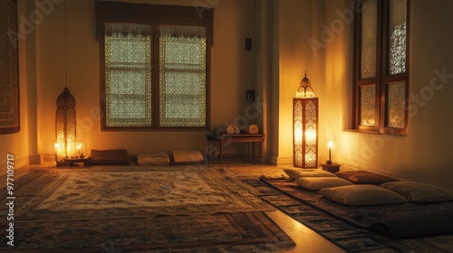 A traditional Ramadan prayer room with soft lighting, prayer mats, and Qurans open, reflecting the spiritual essence of the holy month. photo