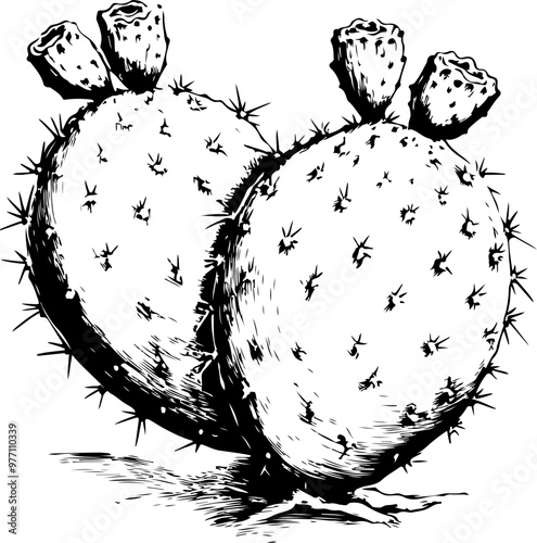 Black and White Illustration of a Prickly Pear Cactus
