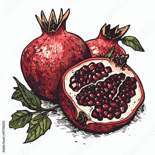 Artistic Illustration of Pomegranates and Leaves