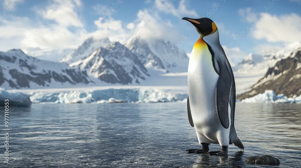 Fototapeta premium Majestic King Penguin Standing Tall Against a Dramatic Mountain Range and Glacier-Filled Water