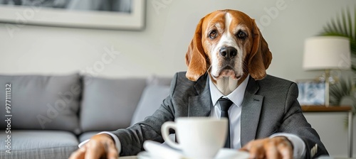 Dog in a Suit Enjoys Coffee Break on Sofa, Modern Home Office Setting, Business Humor photo