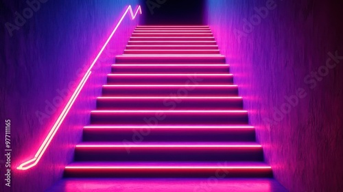 Abstract staircase made of bright neon lines leading upward, representing creative business success, climbing to success, innovation in business