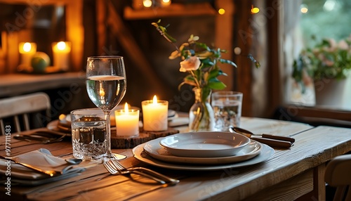 Intimate dining experience at a cozy restaurant table for two, featuring soft lighting, rustic decor, flickering candles, and elegant silverware set amidst a warm ambiance