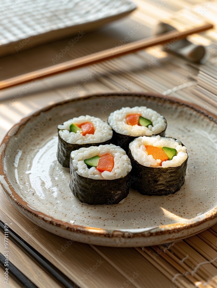 Futomaki sushi roll with various vegetables and omelette on a rustic plate, close up Futomaki sushi roll with various vegetables and omelette on a rustic plate, close up