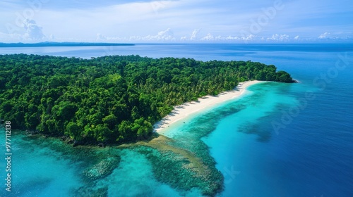 A tropical island aerial view, with lush green trees, white sandy beaches, and crystal-clear blue waters.