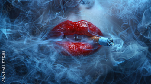 Red lips with a cigarette close-up. Female bright lips shrouded in tobacco smoke. Studio shot
