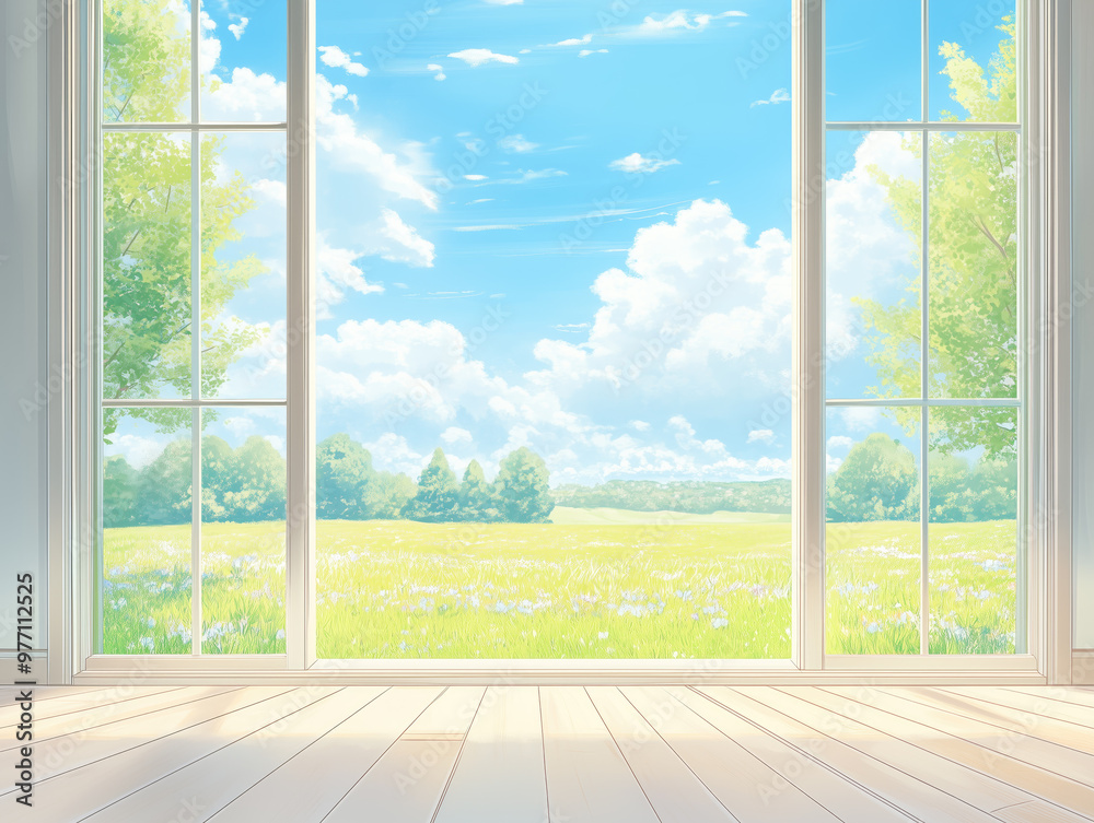 Fototapeta premium Large window overlooking a flower filled meadow on a sunny day