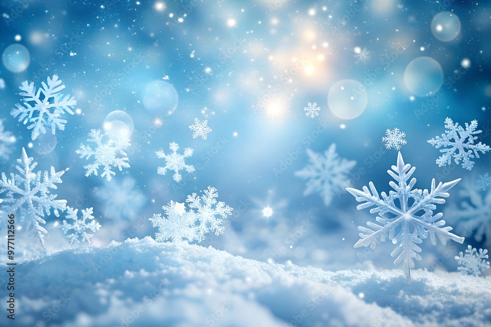 Delicate white snowflakes gently fall against a soft, blurred blue background, creating a serene winter scene. The snow-covered landscape adds a peaceful, seasonal ambiance. Delicate white snowflakes gently fall against a soft, blurred blue background, creating a serene winter scene. The snow-covered landscape adds a peaceful, seasonal ambiance.