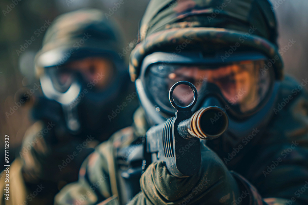 selective focus of paintball player in protective mask aiming with marker gun and his teammate behind outdoors selective focus of paintball player in protective mask aiming with marker gun and his teammate behind outdoors