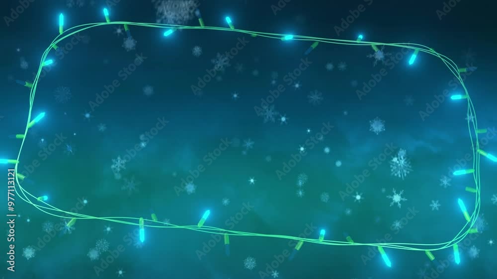 Frame of flashing blue string lights over falling snowflakes, trees and night sky