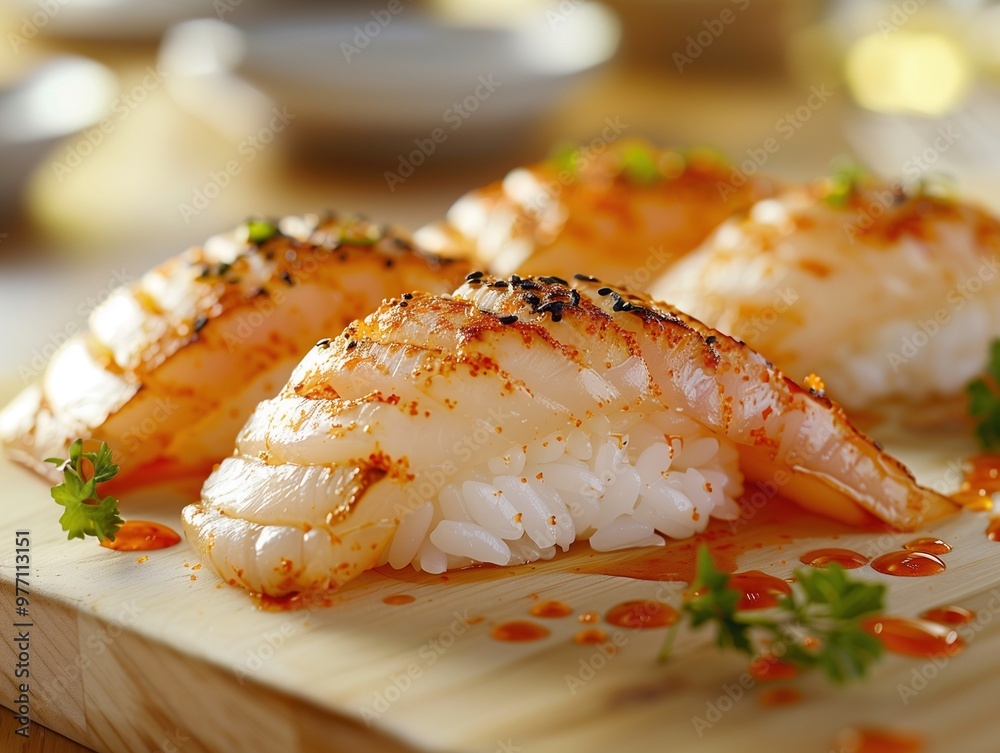 Seared Hotate nigiri sushi on rice, served on a ceramic plate, elegant Japanese cuisine Seared Hotate nigiri sushi on rice, served on a ceramic plate, elegant Japanese cuisine