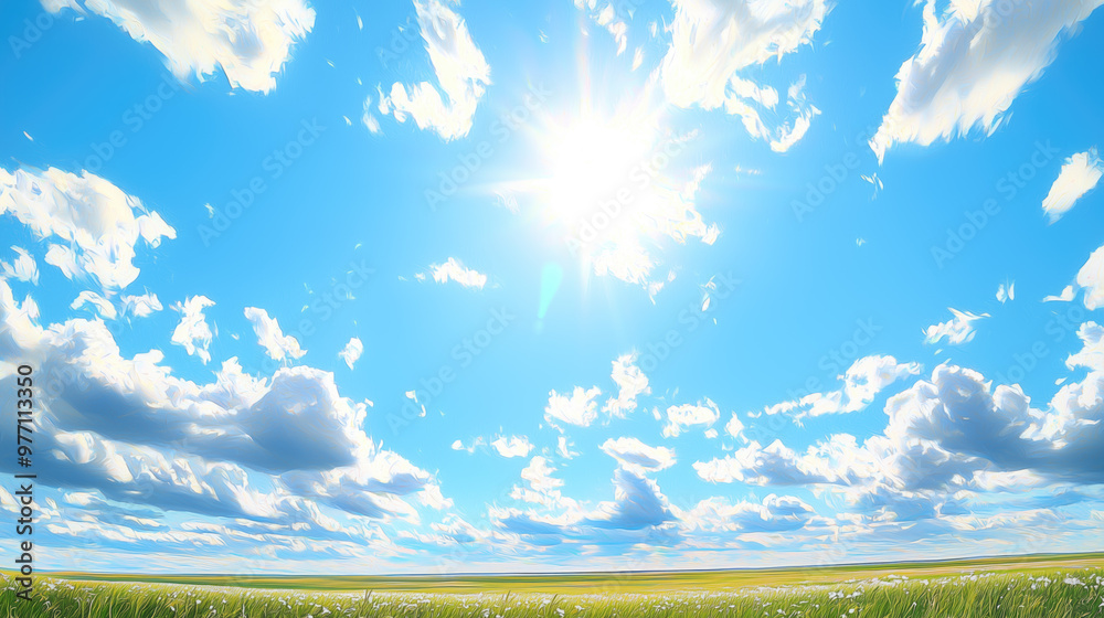 Fototapeta premium Idyllic landscape painting of a sunny day with white clouds, perfect blue sky and a field of daisies