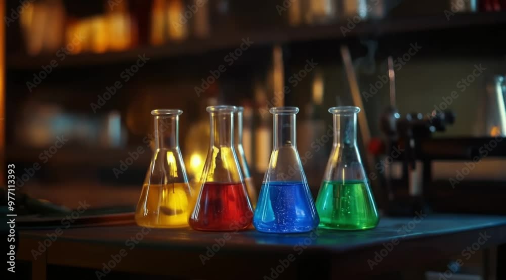 Scene of colored liquid in beakers, Camera slow motion with different angles