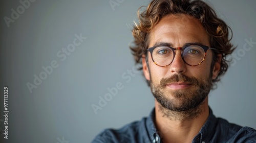 A thoughtful man with curly hair and glasses gazes confidently at the camera in a modern indoor setting. Generative AI