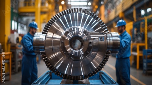 an impeller hold secure by two people in a factory photo