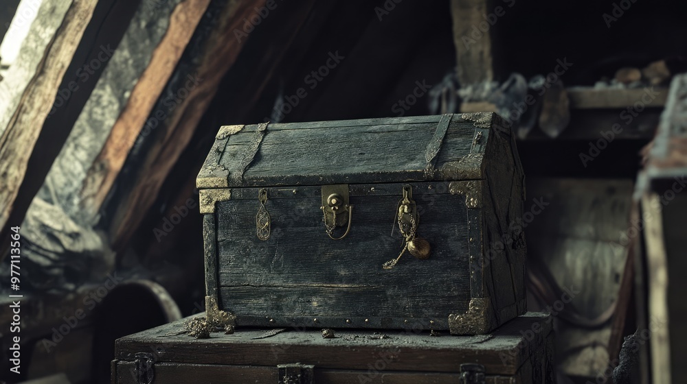 Fototapeta premium A weathered, antique chest in a hidden attic, filled with mysterious trinkets and forgotten treasures