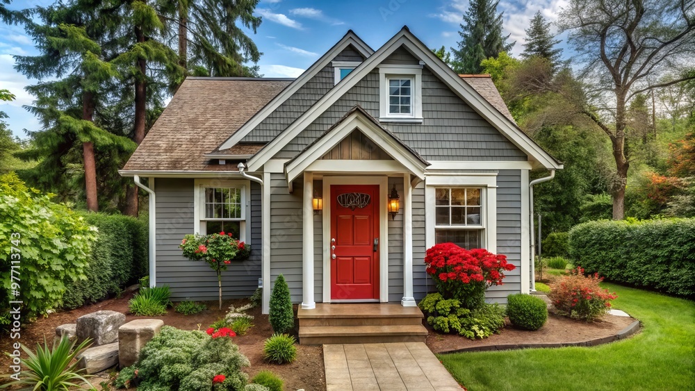 A quaint retreat boasts gray boarded siding, gleaming white trim, and a vibrant red entrance door amidst a A quaint retreat boasts gray boarded siding, gleaming white trim, and a vibrant red entrance door amidst a