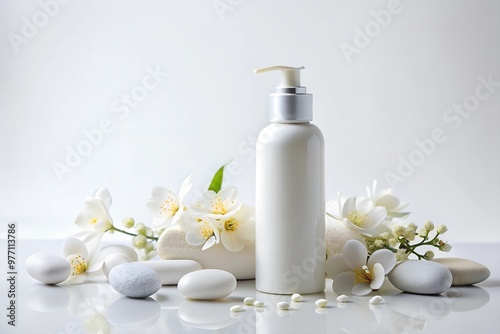 White Beauty Product Bottle with Flowers and Stones