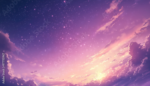 Fantasy anime style digital painting of a pink and purple sky with clouds