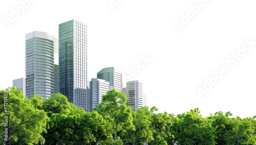 Fototapeta Naklejka Na Ścianę i Meble -  Modern skyscrapers behind lush trees