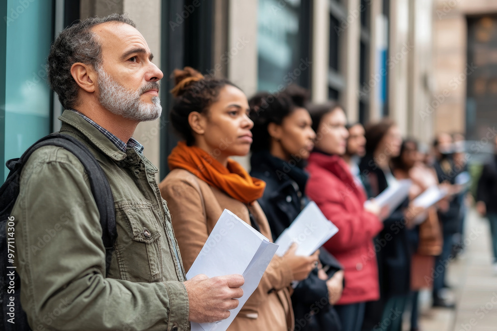Obraz premium A line of people outside a bankruptcy lawyerâ€™s office, holding documents and looking anxious, representing the personal toll of financial instability and debt