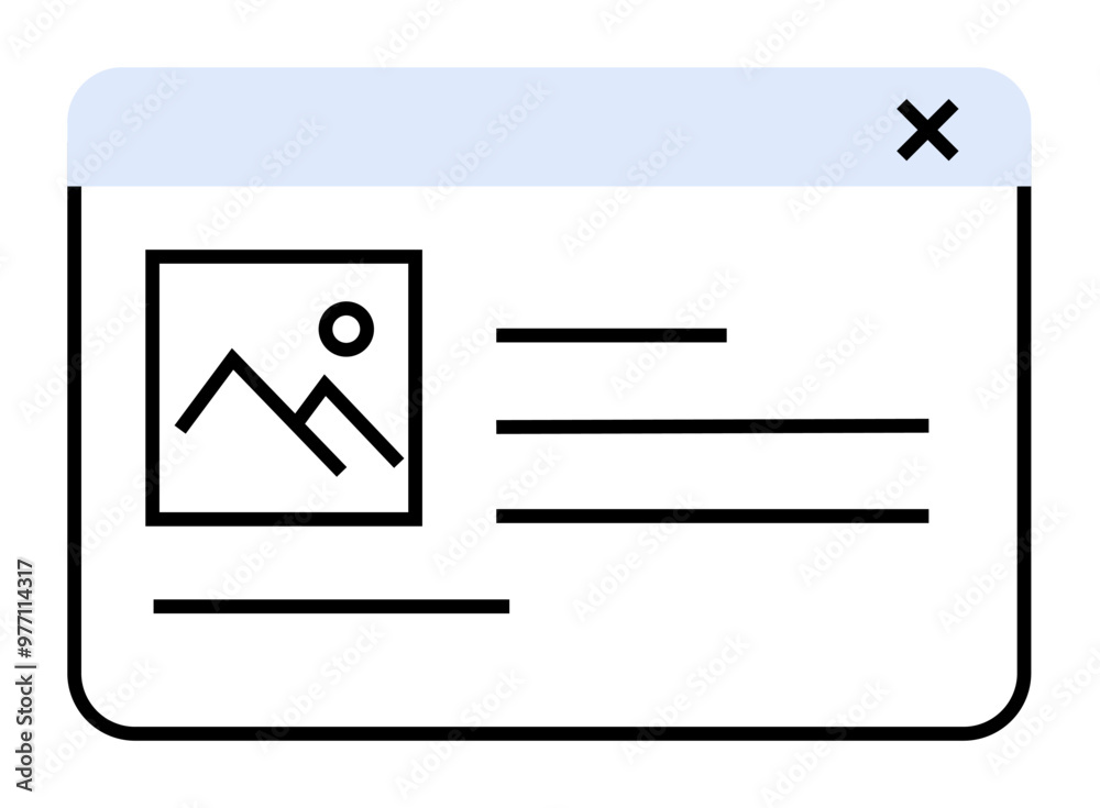 Web browser window with image placeholder and text lines. Ideal for website, user interface, content management, digital design, online learning. Clean, modern, minimal style. Web browser window with image placeholder and text lines. Ideal for website, user interface, content management, digital design, online learning. Clean, modern, minimal style.